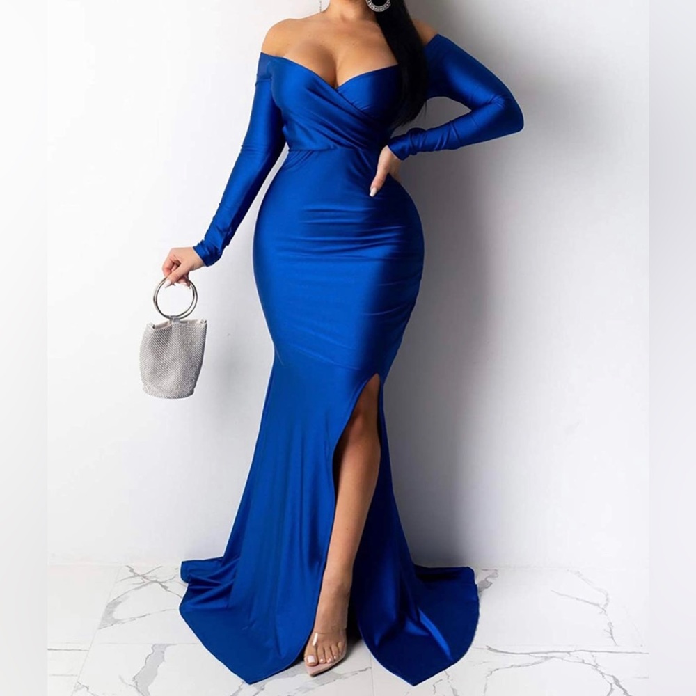 Royal Blue Dress off shoulder side split slim evening maxi party dress  XL fits